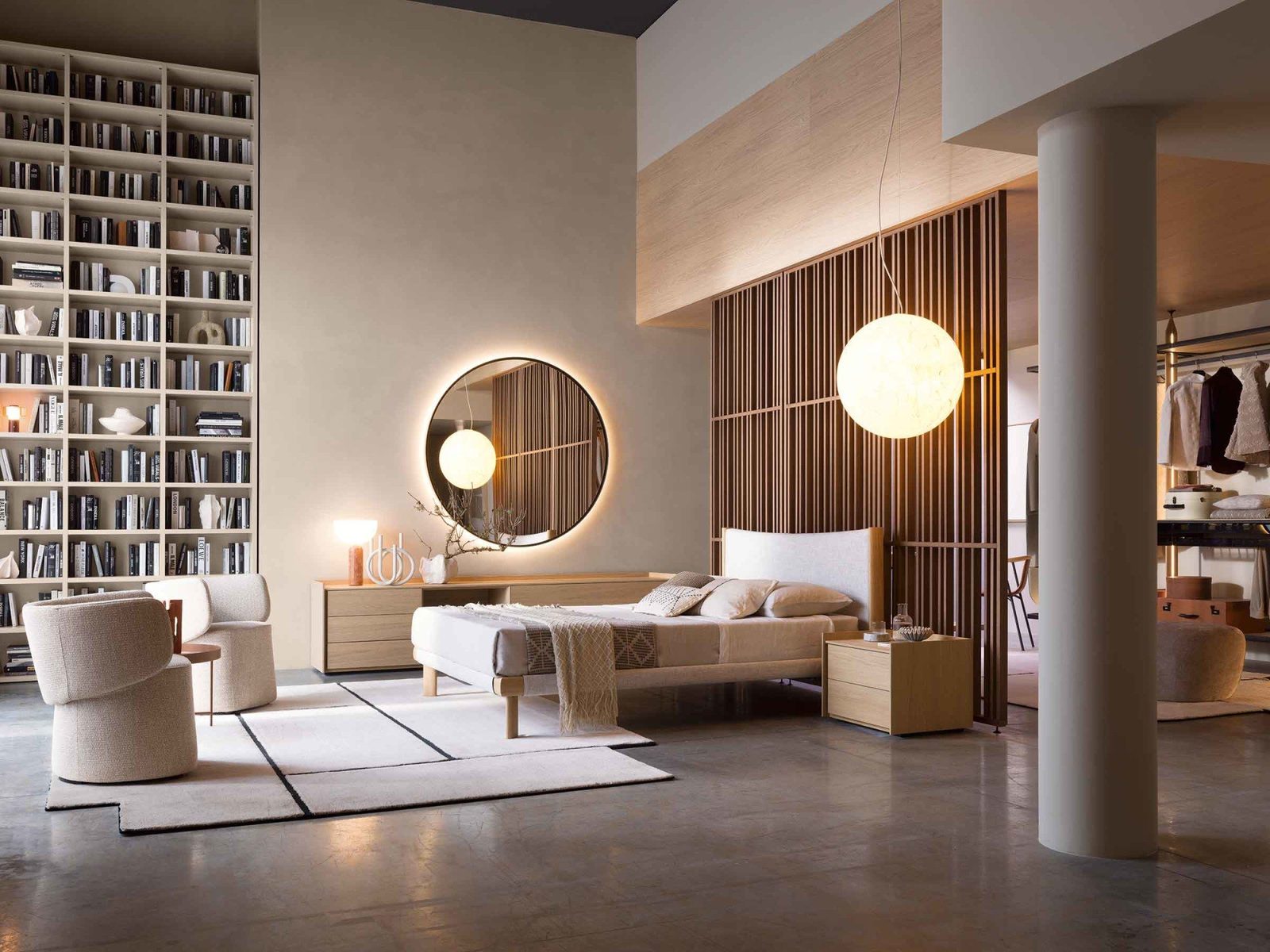 Camera FAinteriors — camera con specchio tondo e lampada a sospensione