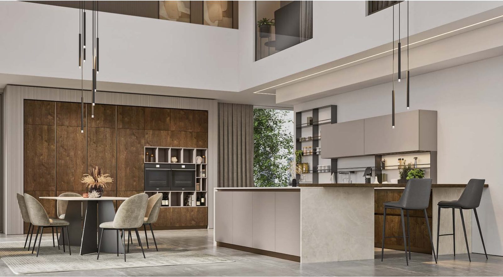 Cucina FAinteriors — cucina a doppia altezza con colonne effetto rame