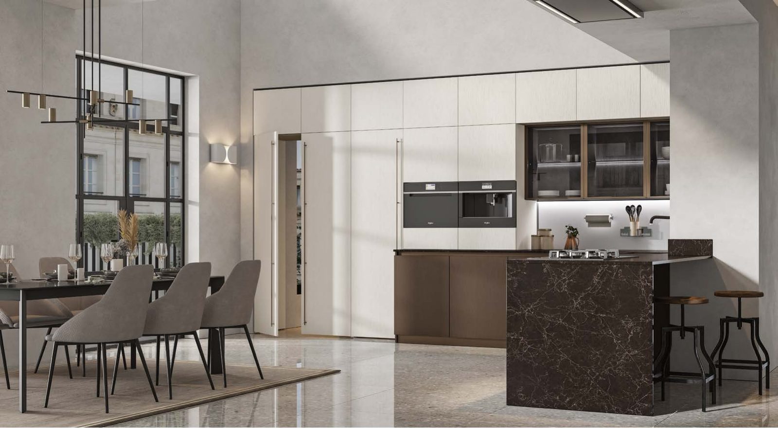 Cucina FAinteriors — cucina bronzo con isola in marmo scuro