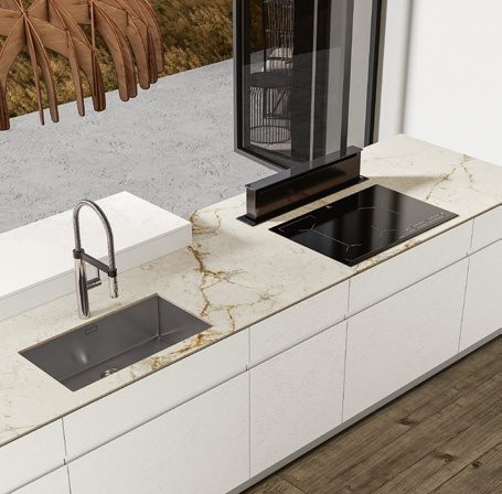 Cucina FAinteriors — lavello con piano effetto marmo