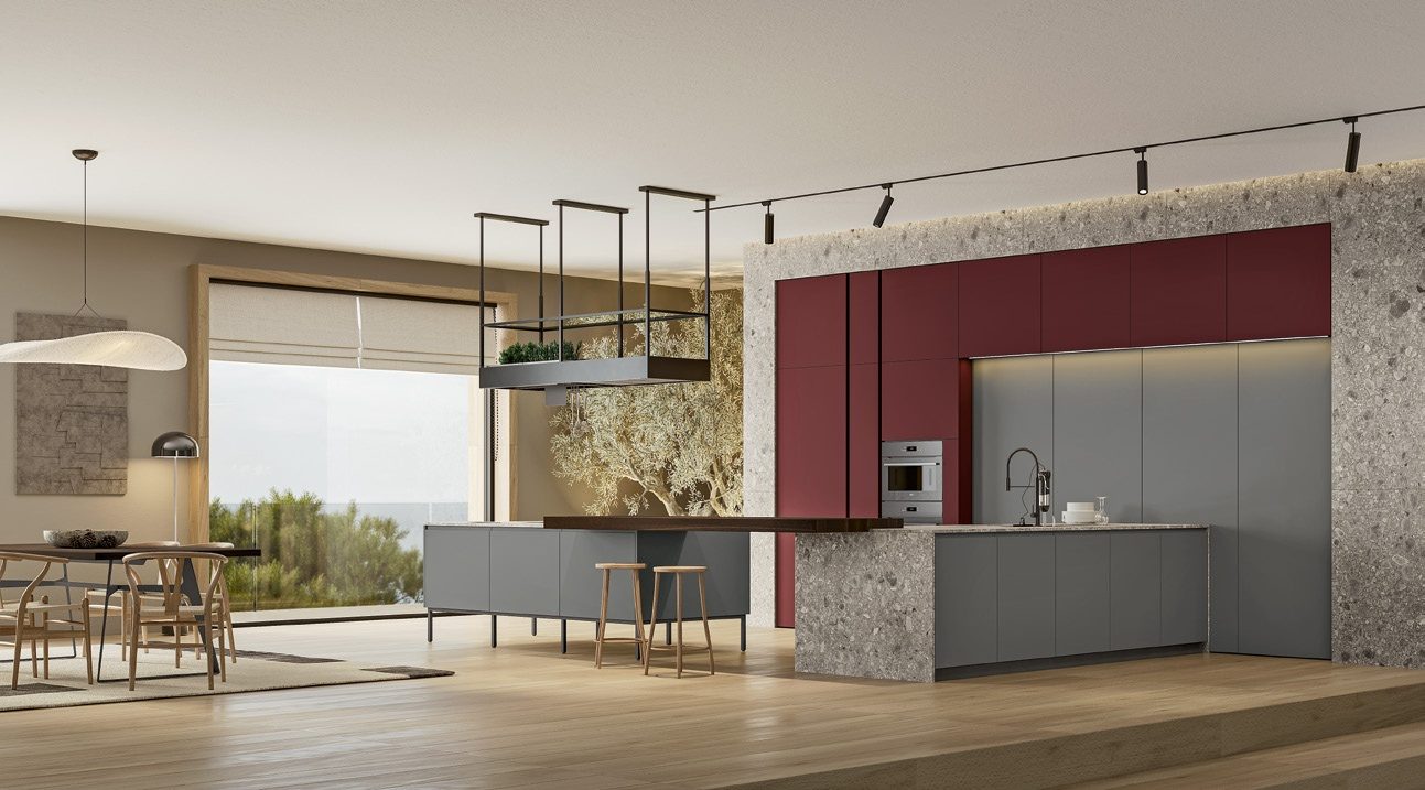 Cucina FAinteriors — cucina open space con pensili bordeaux