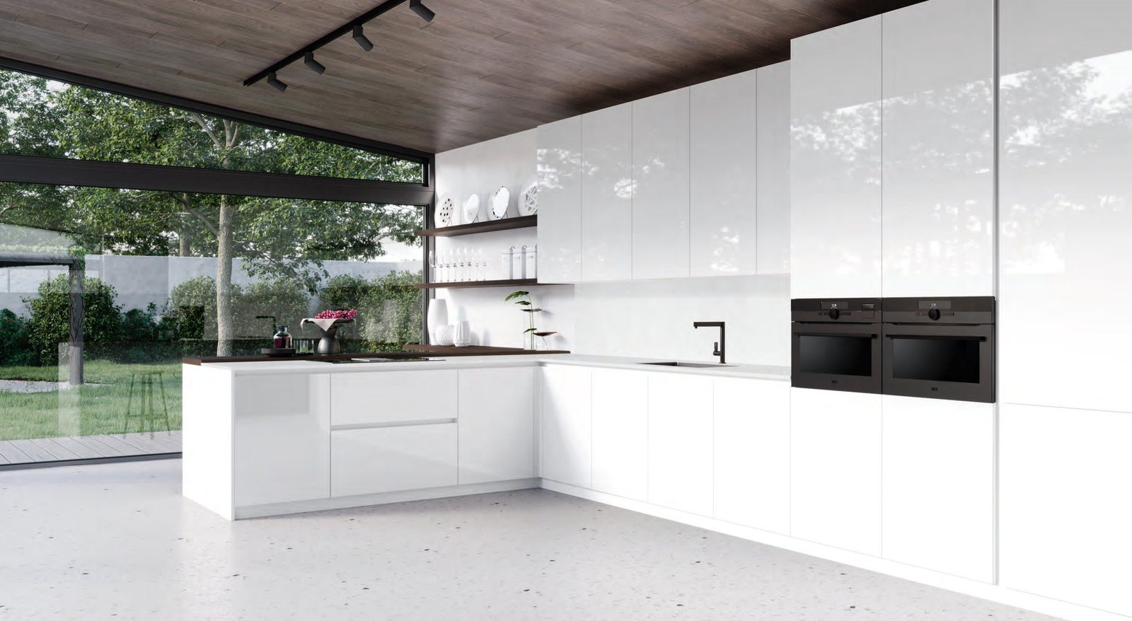 Cucina FAinteriors — cucina bianca a L sulla vetrata
