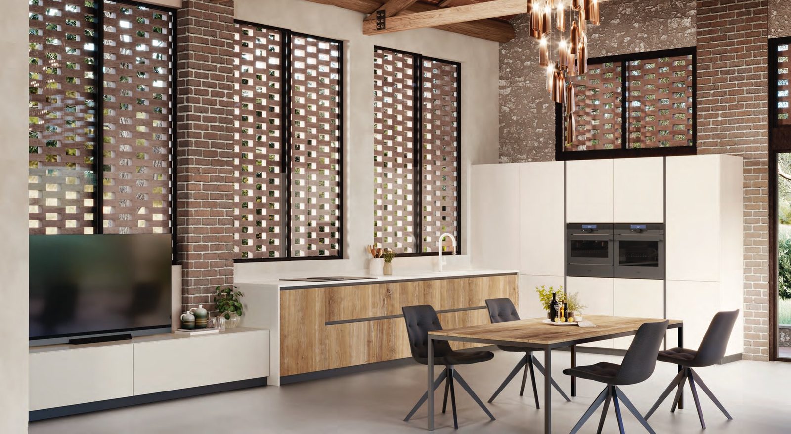 Cucina FAinteriors — cucina in legno e bianco con mattoni a vista
