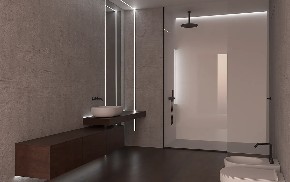 Umbra — mobile sospeso in legno scuro e doccia