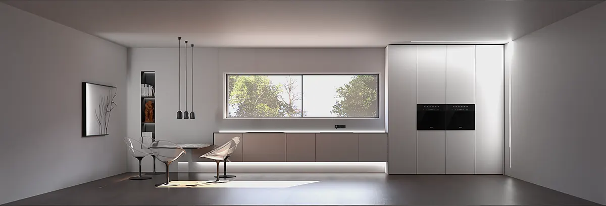 Umbra — cucina con finestra a nastro, vista d'insieme